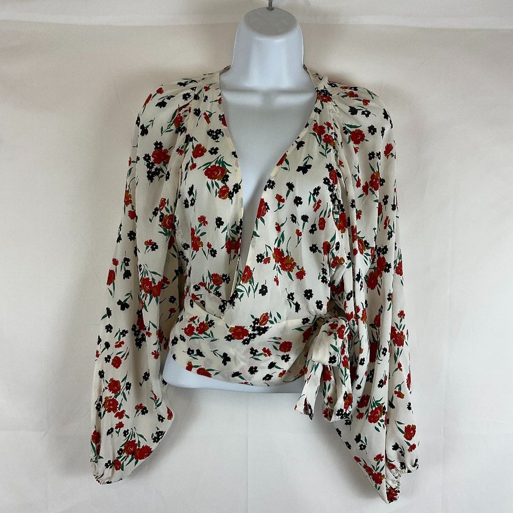 ALC Wrap Blouse 4 White Red Green Black Floral Semi-Sheer Long Sleeve